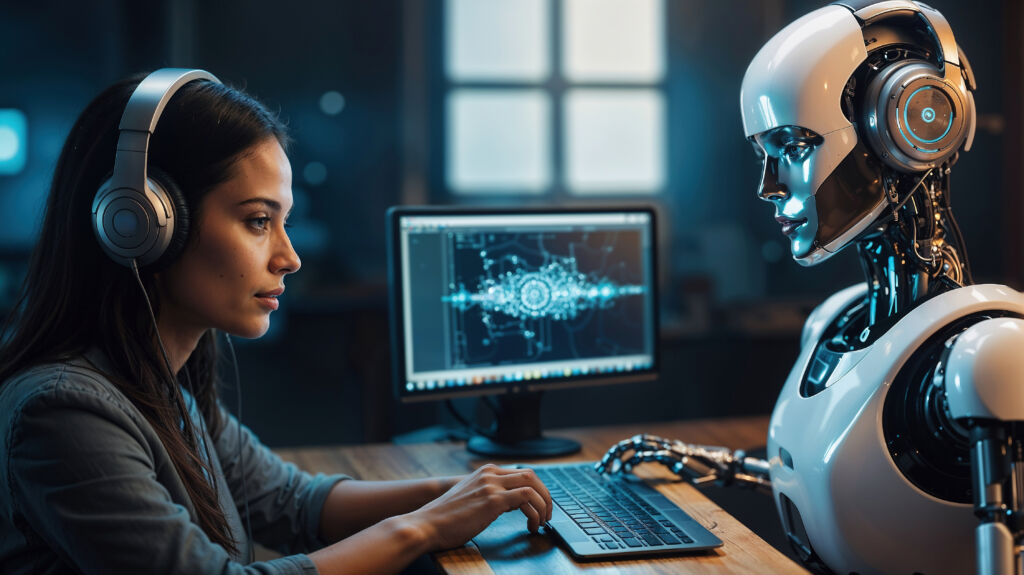A young Latina immersed in her work on a laptop while wearing headphones. The image shows a close-up of her face in front of a robot, a concept of interaction with artificial intelligence and machine learning assistants.