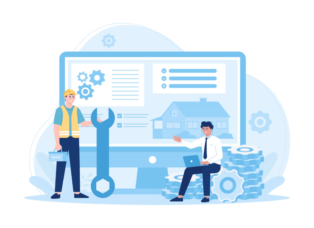 An architect consults on the structure of the building to worker alt="list of powerful features available in CAFM software solutions"